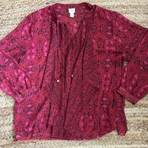 Chico’s Size 3 Deep Red Damask Feminine Ruffle Front Blouse Top